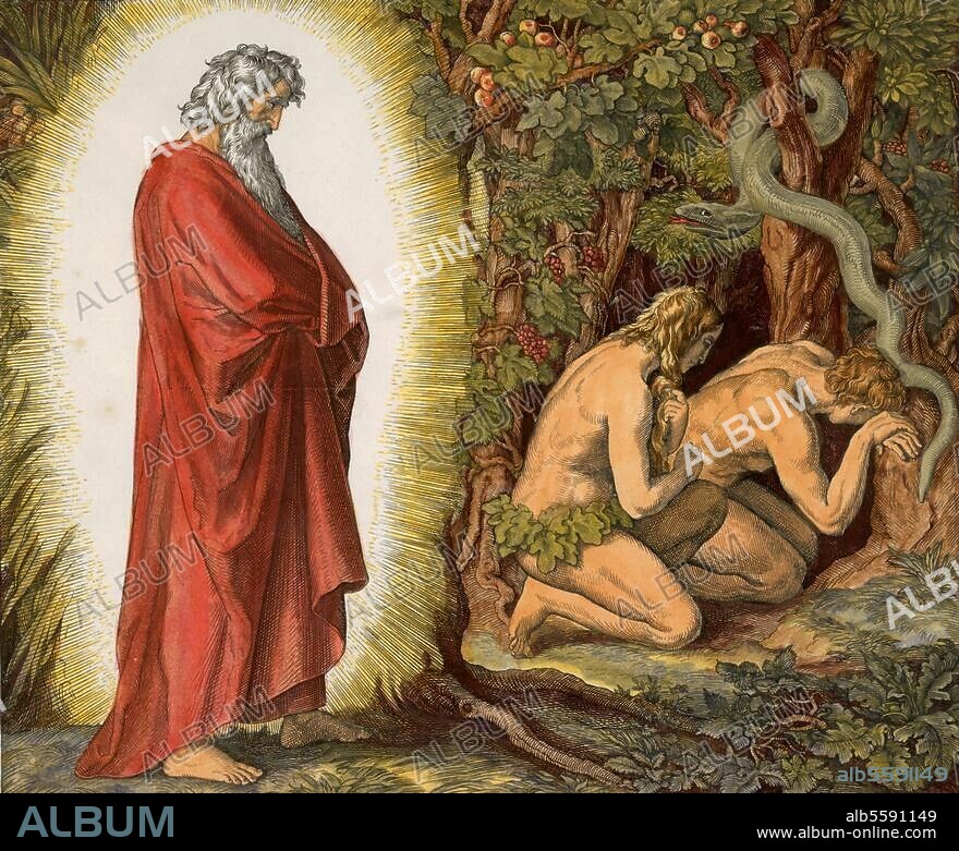 JULIUS SCHNORR VON CAROLSFELD. Schnorr von Carolsfeld, Julius; 1794-1874. "God Confronts Adam and Eve". Genesis 3,8. Woodcut, coloured at a later date. From: "Die Bibel in Bildern" (The Bible in Pictures), Leipzig (Georg Wigand) 1860, image no. 9. Berlin, Sammlung Archiv für Kunst und Geschichte.