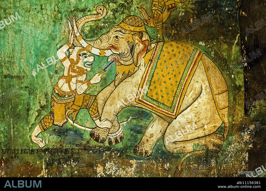 Fresco of the Reamker, the Khmer version of the Ramayana epic poem, Royal Palace cloisters, Royal Palace, Phnom Penh, Cambodia, Indochina, Southeast Asia, Asia.
