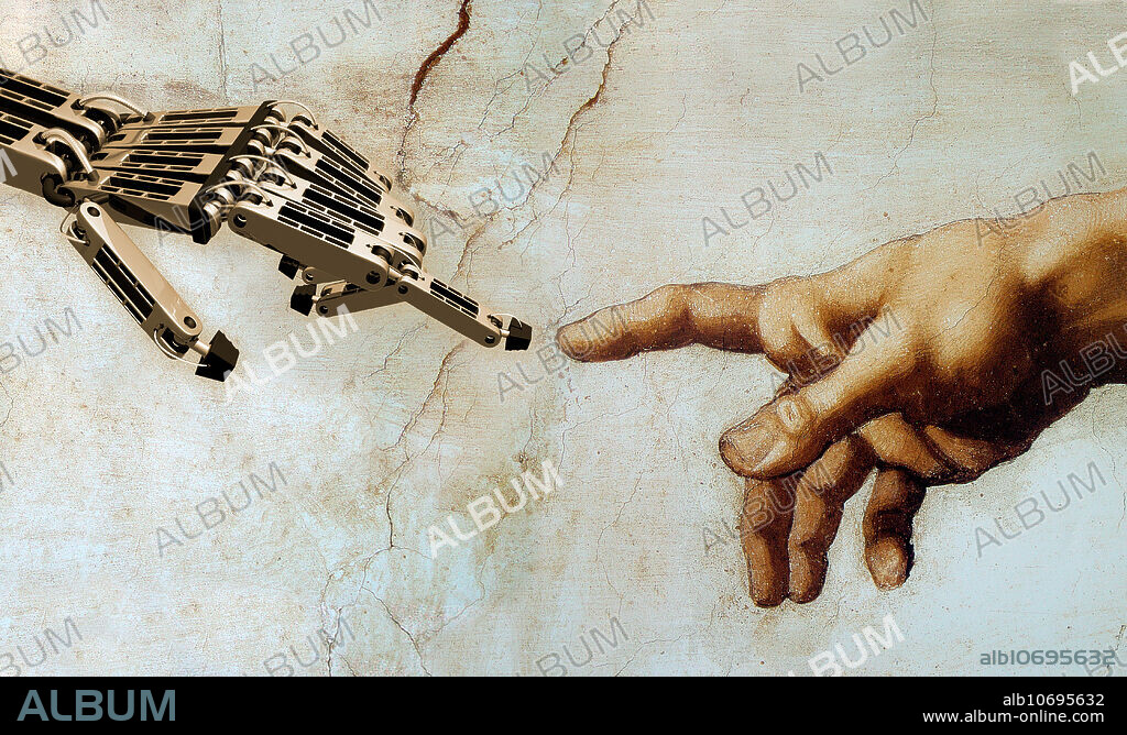 Michelangelo's iconic image of God giving life to Adam is reimagined for the robotic age. Here, God gives life to a robot, a new kind of futuristic Adam.