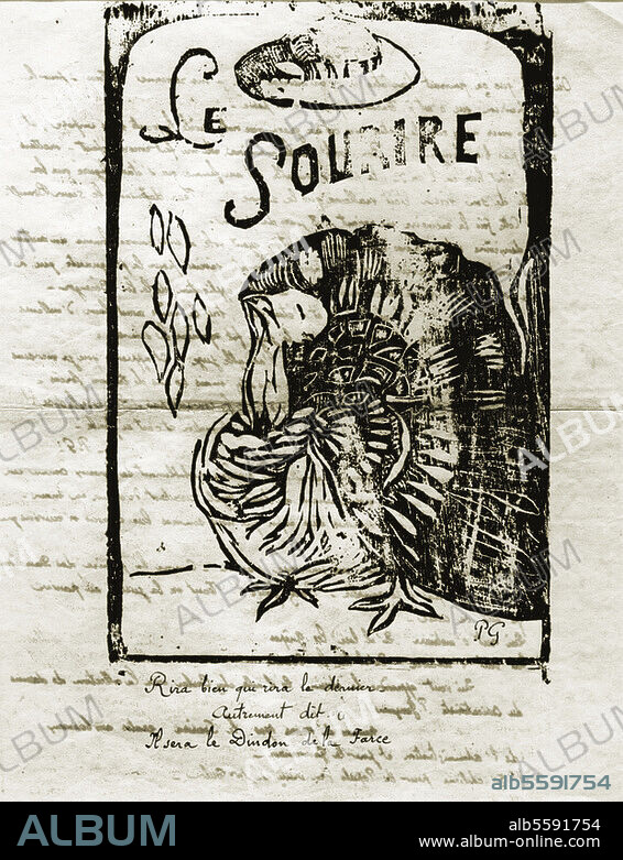 Gauguin, Paul franz. Maler u. Grafiker; 1848-1903. "Le Sourire", Zeitschrift, 1899-1900 von Gauguin in Tahiti herausgegeben: Titelblatt. Holzschnitt, von Paul Gauguin 1900 in Tahiti gedruckt, eigenhändig monogrammiert; 26 × 16,4 cm. Galerie Kornfeld, Bern.