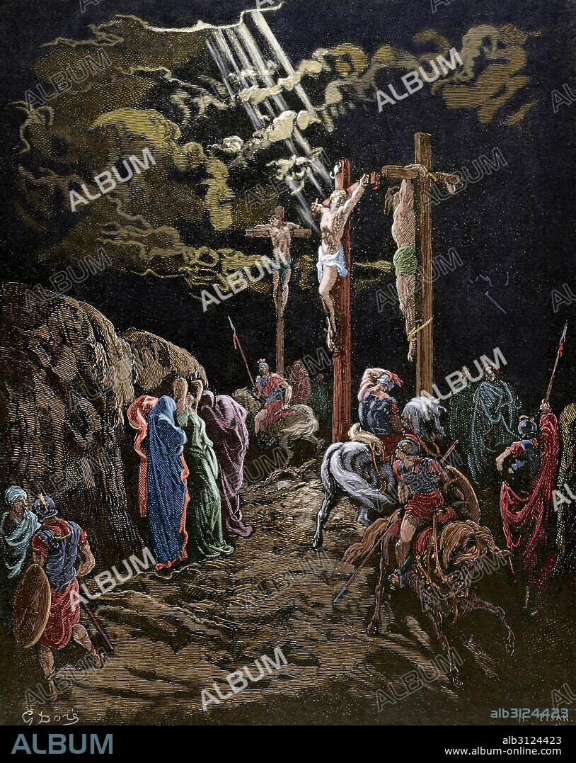 NUEVO TESTAMENTO. JESUS "MUERTE DE JESUCRISTO". Evangelio de San Mateo, Capítulo XXVII. Versículos 46 al 52. Dibujo de G. Doré. Grabado de H. Pisan. Coloreado.