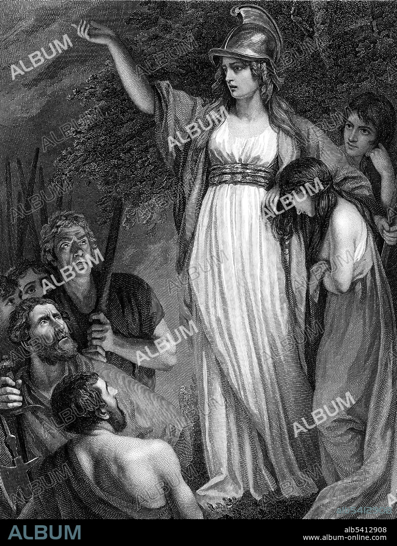 Boudica (died 60 or 61 AD) was the queen of the British Iceni tribe, who led an uprising against the occupying forces of the Roman Empire. Her army had great success in their battles, took no prisoners, slaughtered everyone in their path, and completely demolished the city of Camulodunum. Engraving by William Sharp published in 1793, based on Boadicea Haranguing the Britons by John Opie (cropped and cleaned).