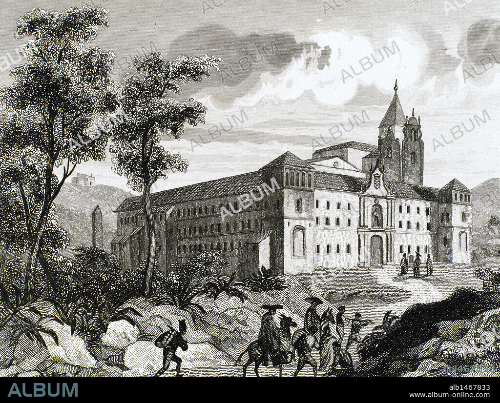 Monastery of San Pedro de Cardena. Founded in the 9th century and rebuilt in 1447. Castrillo del Val. Burgos province. Castile and Leo´n. Spain. Engraving.