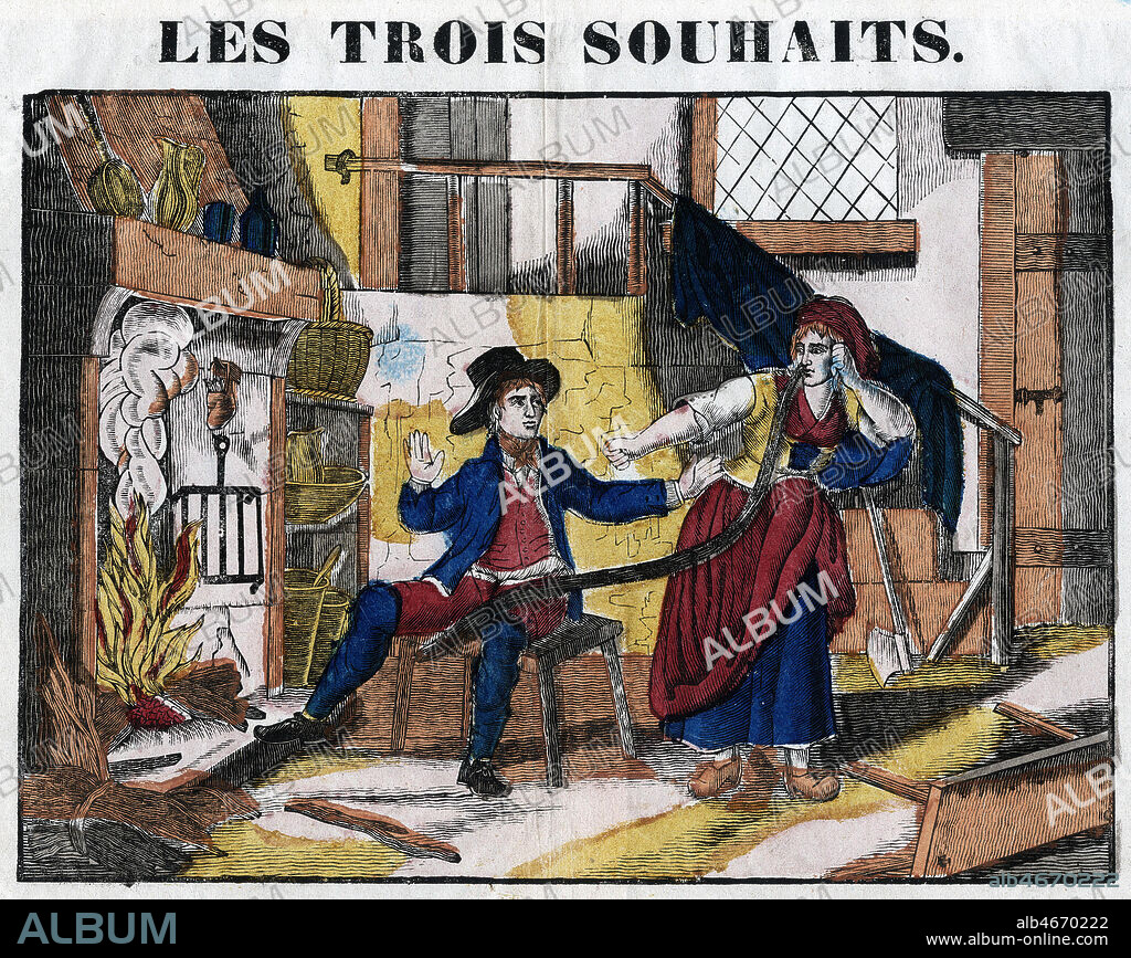 Les trois souhaits ou Les Souhaits RIdicules, conte de Charles PERRAULT. Imagerie populaire au pochoir, Imagerie PELLERIN a EPINAL, 19eme siecle. Document original conserv dans nos locaux. Credit Collection KHARBINE TAPABOR.