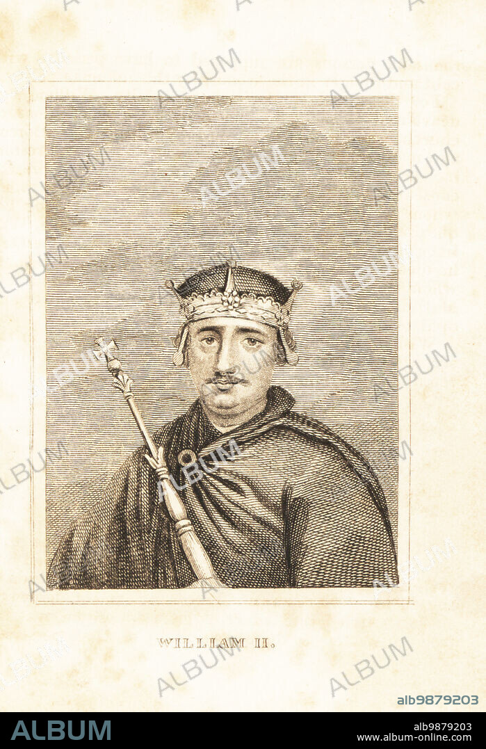Portrait of King WIlliam Rufus of England. William II. With crown, sceptre and mantle. Third son of William the Conqueror, King of England from 1087 until 1100. Copperplate engraving from M. A. Jones History of England from Julius Caesar to George IV, G. Virtue, 26 Ivy Lane, London, 1836.