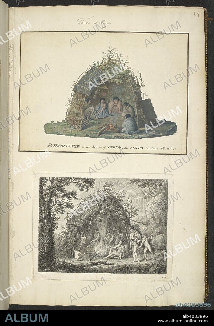 Upper drawing; Inhabitants of the island of Tierra del Fuego, in their hut, by Alexander Buchan, January 1769. Lower engraving; A View of the Indians of Tierra del Fuego in their hut. A Collection of Drawings made in the Countries visited by Captain Cook in his First Voyage. 1768-1771. [1] 1769. [2] circa 1772; circa 1773. Source: Add. 23920, f.14. Language: English.