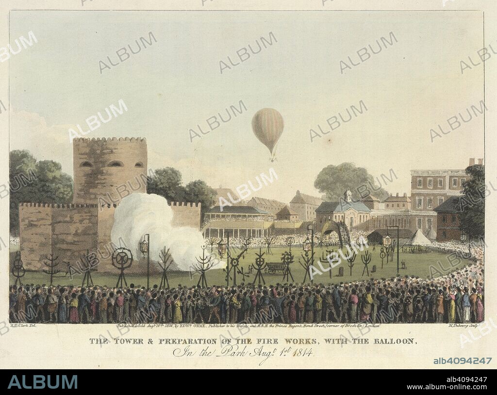 EDWARD ORME, M DUBOURG and J. H CLARK. James Sadler making an ascent in a balloon for the opening of the Grand Jubilee celebrations on 1 August, 1814. An Historical Memento, representing the different. Edward Orme: London, 1814. The tower & preparation of the fire works, with the balloon'. Mr Sadler's balloon ascent, at the start of the festivities. Image taken from An Historical Memento, representing the different scenes of public rejoicing, which took place the first of August, in St. James's and Hyde Parks, London, in celebration of the Glorious Peace of 1814, and of the centenary of the accession of the illustrious House of Brunswick, etc. (Edited by Edward Orme.) [With coloured plates.] Originally published/produced in Edward Orme: London, 1814. Source: 808.m.7, opposite 41. Language: English.
