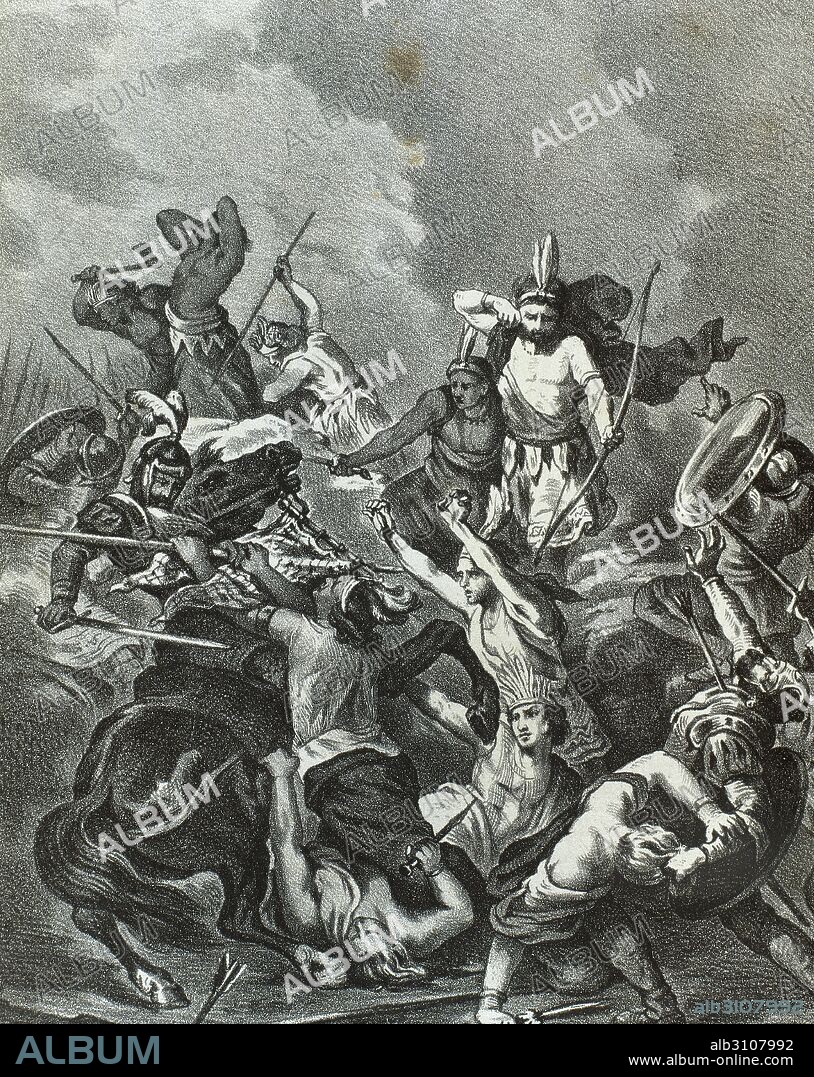 CONQUISTA DE AMERICA. "BATALLA DE OTUMBA". Victoria de las fuerzas de Hernán Cortés sobre los aztecas, en el valle de Otumba, el 7 de julio de 1520. La victoria fortaleció la alianza de Cortés con los tlaxclatecas y aseguró la conquista de México. Grabado del año 1875.