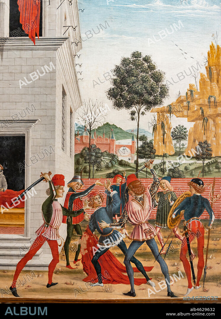 Perugia, National Gallery of Umbria: "Stories of Saint Bernardino", cycle of eight tablets painted in tempera, dated 1473. Cautiously referred to a "Maestro" or "Bottega del 1473", some of the best Umbrian painters of the time worked on them.. "St Bernardino heals Giovanni Antonio from Parma wounded with a shovel". Detail.