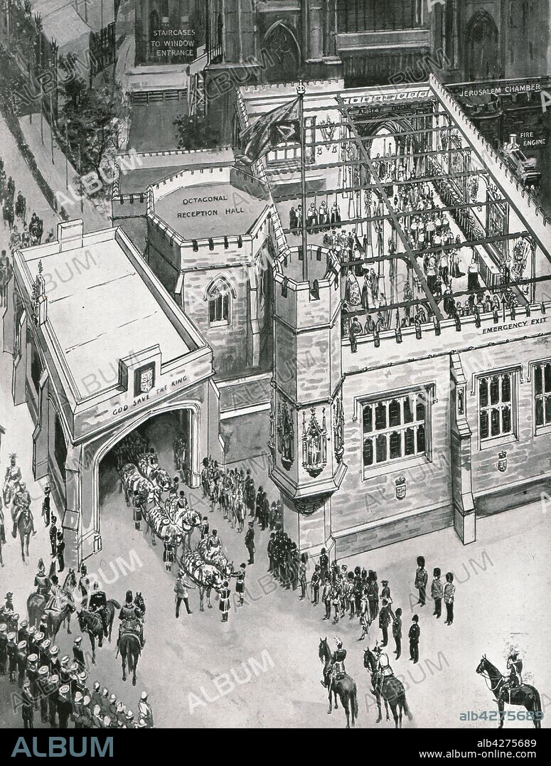 JOHN DUNCAN. Coronation of King George V and Queen Mary, London, 1911. 'How King George entered the Abbey'. The coronation of King George V of the United Kingdom (1865-1936) and Queen Mary of Teck (1867-1953) took place at Westminster Abbey in London on 22 June 1911. From "The Sphere", coronation edition, [June 1911].