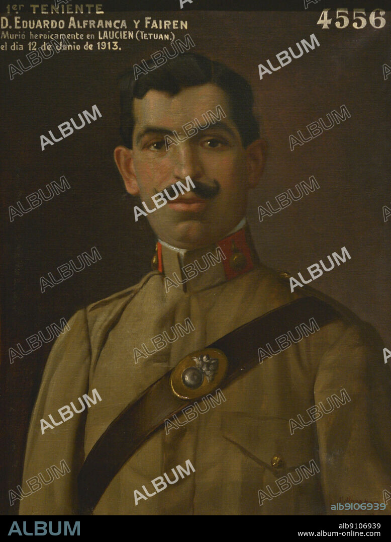 MARIANO OLIVER AZNAR (1863-1927). SPANISH PAINTER.. Artillery Lieutenant Eduardo Alfranca y Fairen. Spanish military. Killed in Laucien (Tetuan) on 12 June 1913. Portrait by Mariano Oliver Aznar (1863-1927), 1913. Oil on canvas. Army Museum. Toledo, Spain.