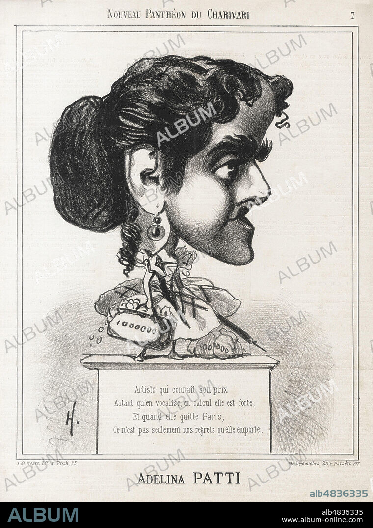 Adelina PATTI (1843-1919). Caricature de Paul HADOL (1835-1875) pour Le Charivari du 14 mai 1866. Credit : Collection Kharbine-Tapabor.