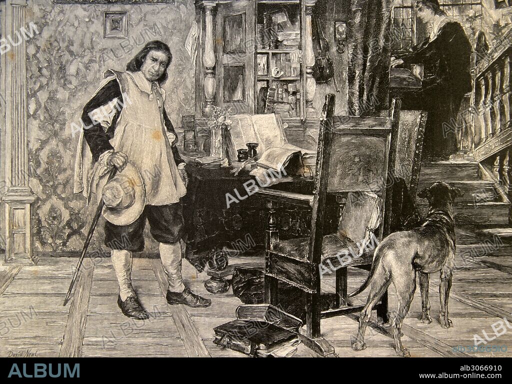 CROMWELL, Oliver (Huntingdom,1599-Londres,1658). Militar y político puritano inglés. Fue diputado en el Long Parlament (1640), y uno de los grandes enemigos del rey Carlos I. Durante la guerra civil encabezó el ejército de los sublevados. Más tarde hizo condenar a Carlos I (1649) e instauró la República. "CROMWELL VISITANDO A MILTON". Grabado de "La Ilustración Artística" (1886) .