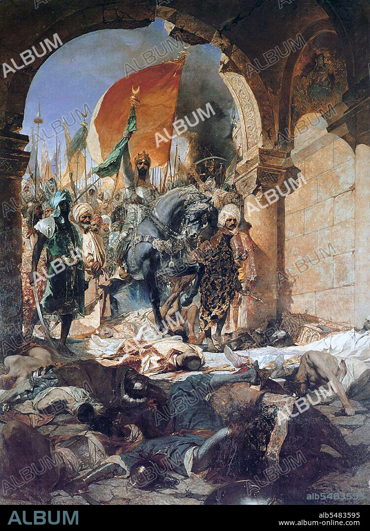 Mehmed II (March 30, 1432 - May 3, 1481) or, in modern Turkish, Fatih Sultan Mehmet; known as Mahomet or Mohammed II in early modern Europe) was Sultan of the Ottoman Empire from 1444 to September 1446, and later from February 1451 to 1481. In 1453, at the age of just 21, Mehmed led an Ottoman army in the siege of Constantinople with between 80,000 to 200,000 troops and a navy of 320 vessels, though the bulk of them were transport and store ships. The city was surrounded by sea and land; the fleet at the entrance of the Bosphorus was stretched from shore to shore in the form of a crescent, to intercept or repel any assistance from the sea for the besieged Byzantines. In early April, the Siege of Constantinople began. After several fruitless assaults, the city's walls held off the Turks with great difficulty, even with the use of the new Orban's bombard, a cannon similar to the Dardanelles Gun. The harbor of the Golden Horn was blocked by a boom chain and defended by 28 warships. On April 22, Mehmed transported his lighter warships overland, around the Genoese colony of Galata and into the Golden Horn's northern shore; 80 galleys were transported from the Bosphorus after paving a little over one-mile route with wood. Thus the Byzantines stretched their troops over a longer portion of the walls. A little over a month later, Constantinople fell on May 29 following a 57-day siege. It was the end of the Byzantine Empire.
