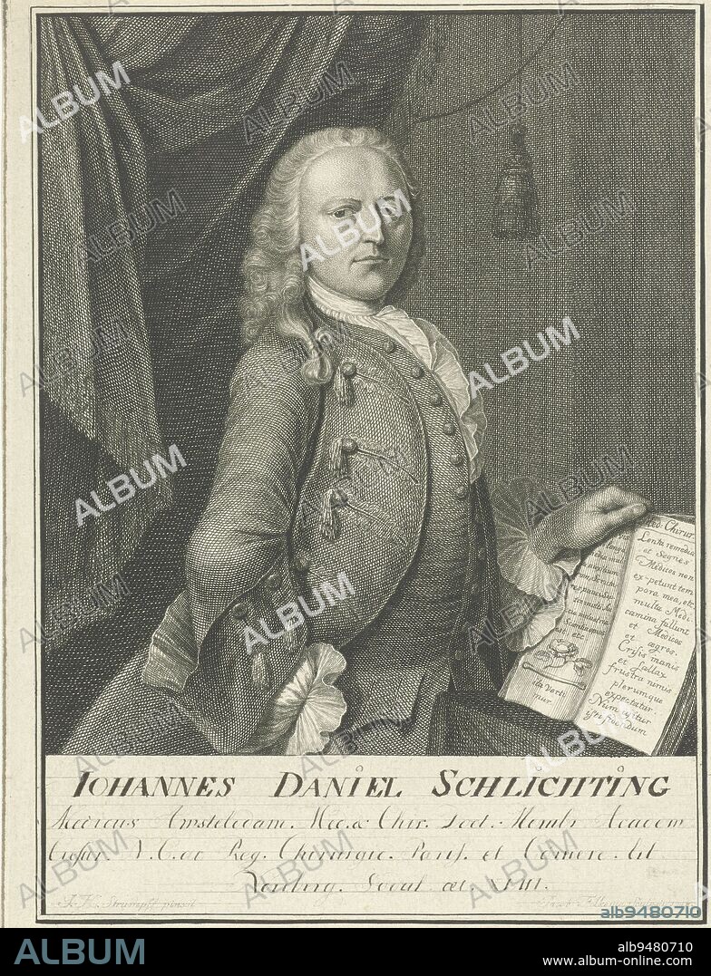 Portrait standing half dressed to the right of doctor and surgeon Johannes Daniel Schlichting, bareheaded. In his left hand he holds an open book on medicine. Beneath the portrait are his name and titles, handwritten, Portrait of Johannes Daniel Schlichting, print maker: Jacob Folkema, (mentioned on object), after: Johann Heinrich Strumph, (mentioned on object), 1748, paper, etching, engraving, h 196 mm × w 147 mm.
