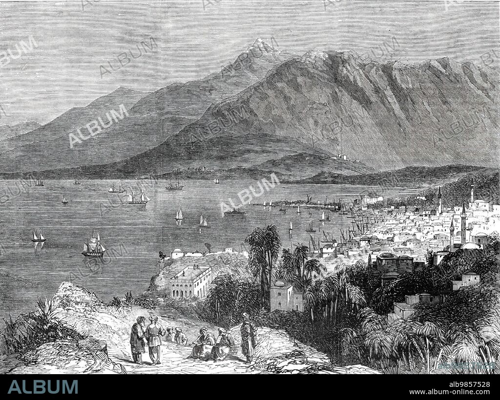 The town of Beyrout and Mount Lebanon - from a drawing by J. Lewis Farley, 1860. 'Beyrout, Beirout, or Bairut - the Berytus of the ancients - is a fortified seaport and commercial town of Syria, on a bay of the Mediterranean. It is situated fifty-seven miles W.N.W. from Damascus, of which city it is the port...Beyrout was bombarded and taken by the English in 1840, the main object of the attack - the driving out of the troops of Ibrahim Pacha - having been soon accomplished...The situation of Beyrout is exceedingly beautiful, especially as viewed from the sea. The promontory on which it stands is triangular, the apex projecting some three miles into the Mediterranean, and the base running along the foot of Lebanon. The south-western side is wholly composed of loose drifting sand, and has all the aspect of a desert. The north-western side is totally different. The shore line is formed of a range of irregular, deeply-indented rocks and cliffs, worn into a thousand fantastic forms by the waves...The little port, now in a great measure filled up, lies between a projecting cliff and a ruinous insulated tower, called Burj Fanzar, which bears, like the rest of the fortifications, many a mark of British bullets'. From "Illustrated London News", 1860.