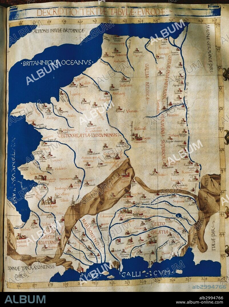 PTOLOMEO, Claudio (h. 100-h. 170). Astrónomo, matemático y geógrafo de la antigüedad de la Escuela de Alejandria. "COSMOGRAPHIA". Manuscrito del siglo XV. "MAPA DE LAS GALIAS", año 1456. Biblioteca de la Universidad de Salamanca. Castilla-León. España.