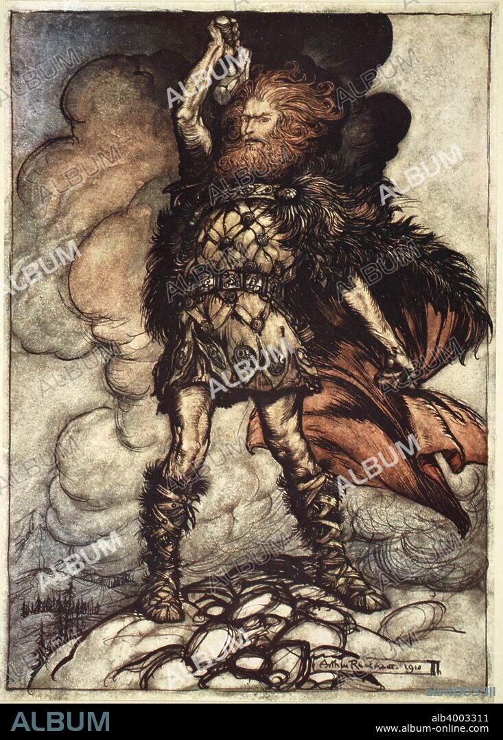 'One of the Gods, Donner, summons the mist away', 1910. To my hammer's swing Hitherward sweep Vapours and fogs! Hovering mists! Donner, your lord, summons his hosts!. An illustration from The Rhinegold and the Valkyrie. From a private collection.