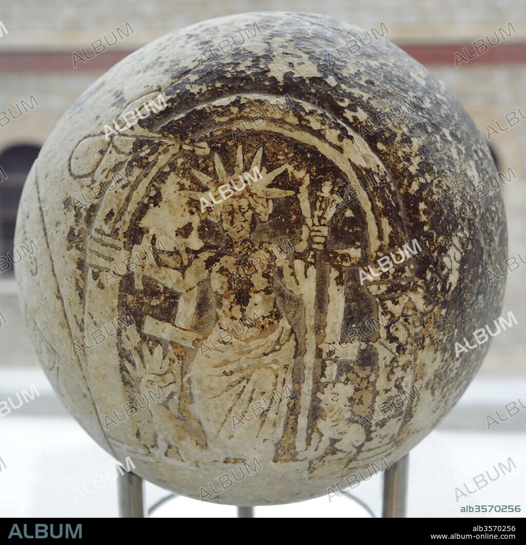 Magic Sphere. Depiction of the God Helios, a lion, a dragon and magical symbols. It was found buried near the Theater of Dionysos, which hosted duels and other similar contest when the sphere was created. It has been suggested that the sphere was used in magic rituals to achieve victory in these contests. 2nd-3rd century AD. Acropolis Museum. Athens. Greece.