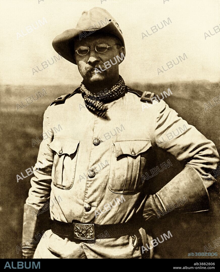 Vintage American history photo of Colonel Theodore Roosevelt wearing his military uniform during the Spanish-American War.