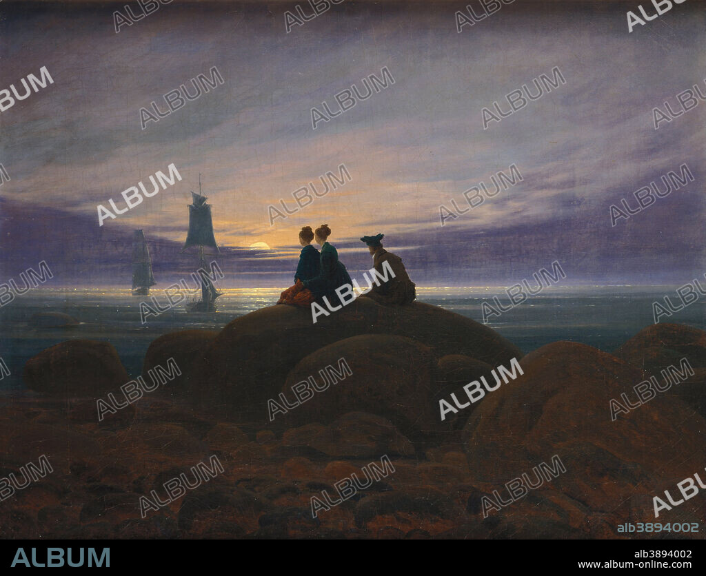 CASPAR DAVID FRIEDRICH. Mondaufgang am Meer (Mondschein auf ruhigem Meer) / Moonrise over the Sea. Date/Period: 1822. Painting. Oil on canvas. Height: 55 cm (21.6 in); Width: 71 cm (27.9 in).