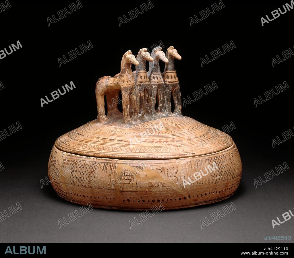 ANCIENT GREEK. Pyxis (Container for Personal Objects). Greek; Athens. Date: 730 BC-720 BC. Dimensions: 25 × 33 × 33.3 cm (9 7/8 × 13 × 13 1/8 in.). Terra-cotta. Origin: Athens.