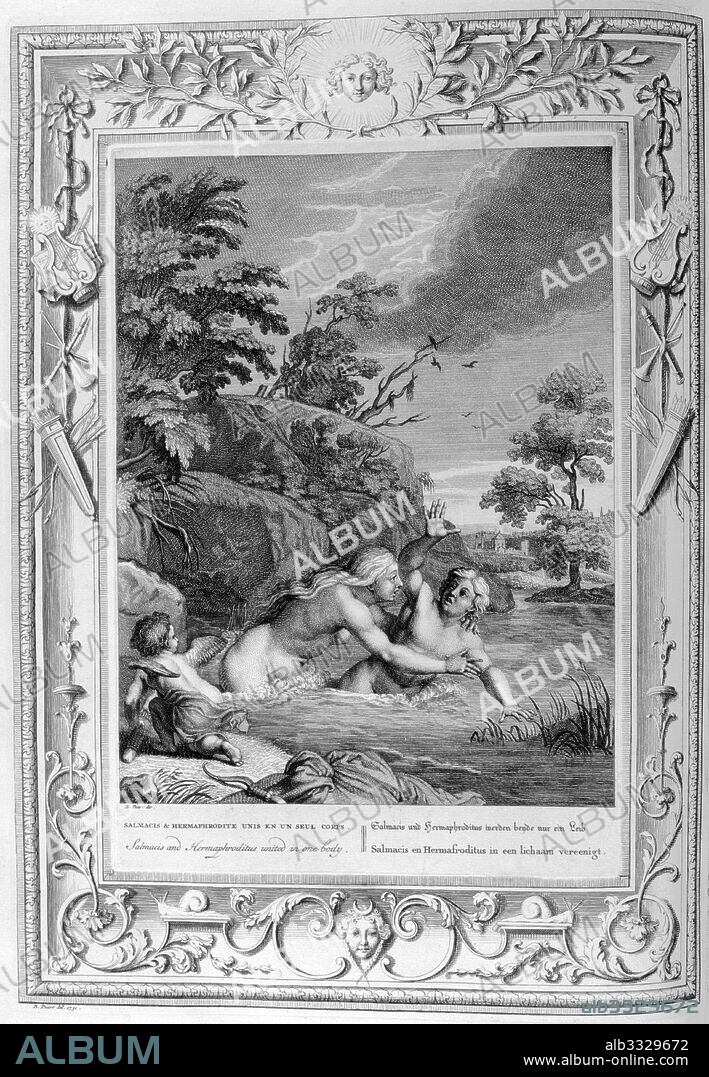 Salmacis. Engraving from 'Tableaux du temple des muses' (1655) by Michel de Marolles (1600 - 1681), known as the abbe de Marolles; a French churchman and translator. In Greek mythology, Salmacis was an atypical naiad who rejected the ways of the virginal Greek goddess Artemis in favour of vanity and idleness. Here is depicted her attempted rape of Hermaphroditus.