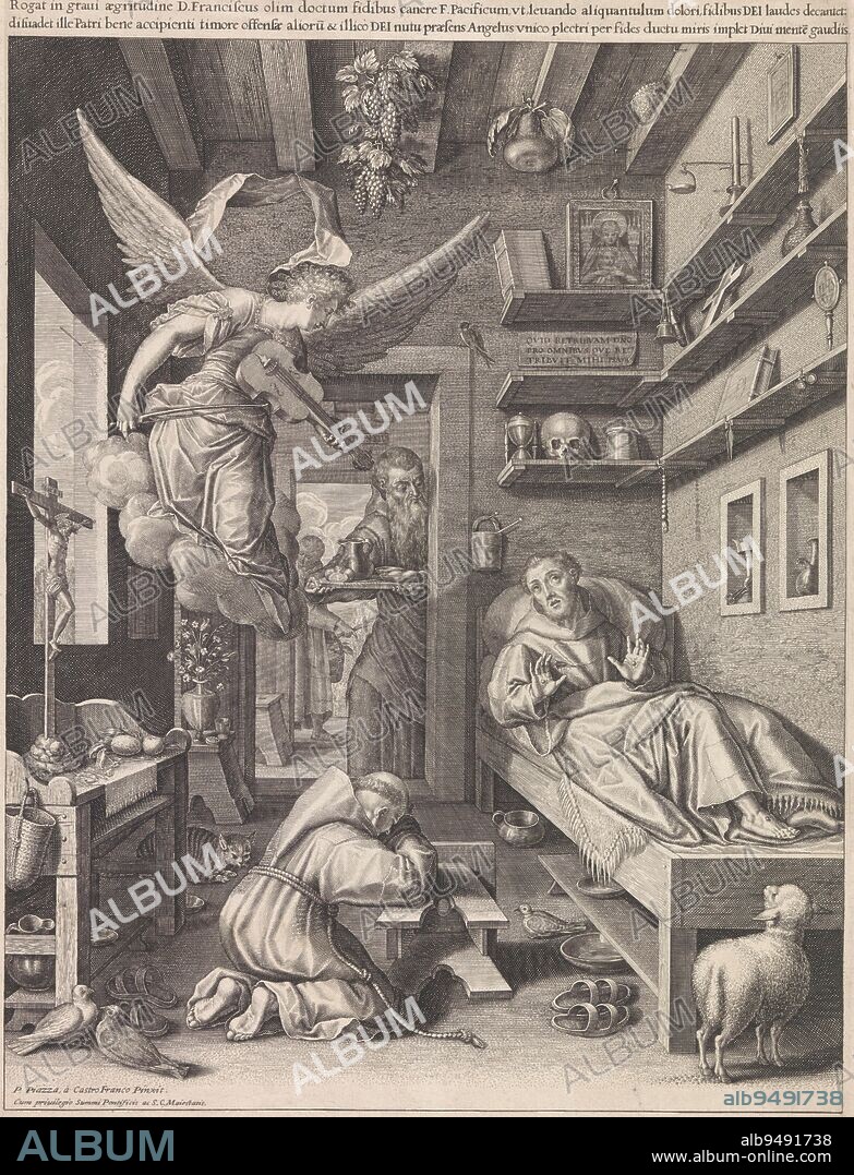 The interior of a bedroom. Saint Francis of Assisi lies on his sickbed. A monk sits on the floor beside him praying. An angel with a violin comforts St. Francis with music. In the background, a monk enters the house with food., Saint Francis on his sickbed, print maker: Raphaël Sadeler (I), (mentioned on object), after: Paolo Piazza, (mentioned on object), Elizabeth van Lotharingen, (mentioned on object), München, 1593 - 1632, paper, engraving, h 410 mm × w 282 mm.