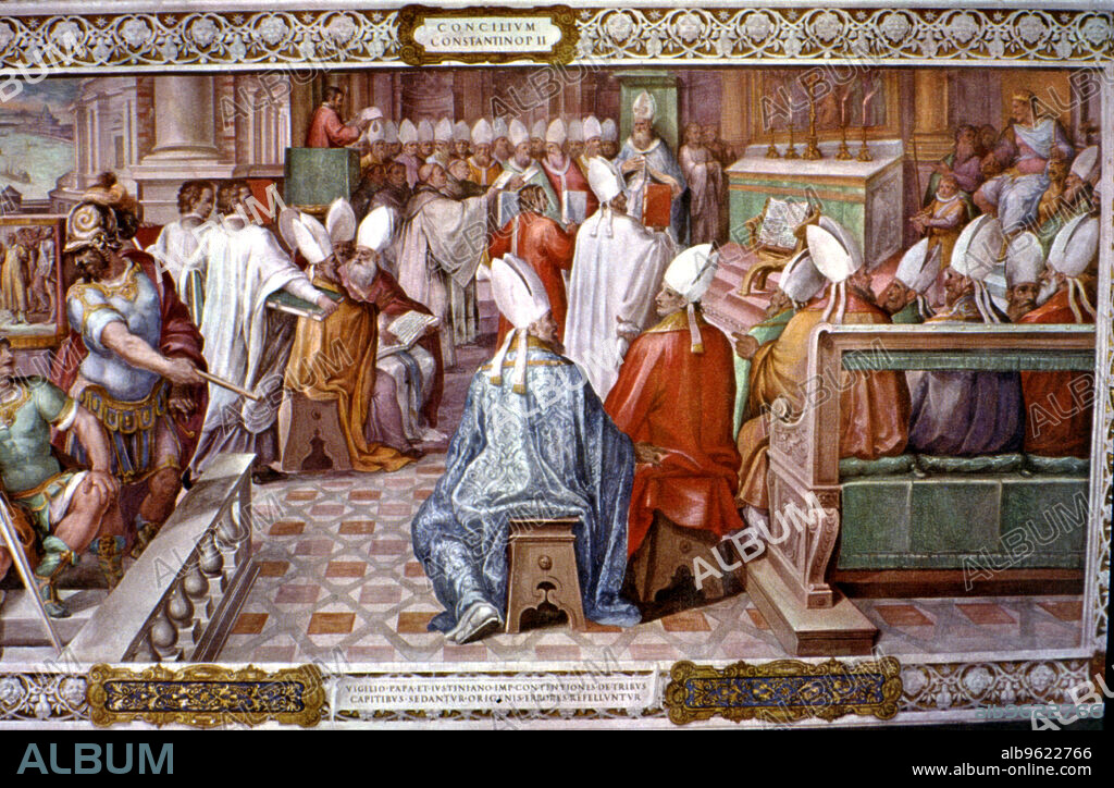 Second Council of Constantinople, held in 553 a. C. under the pontificate of Pope Vigilio and the reign of Justinian, fresco Painting, 16th century.