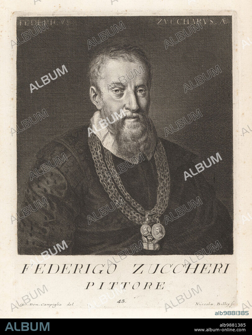 Federico Zuccaro, also known as Federigo Zuccari, Italian Mannerist painter, 1542-1609. Younger brother of Taddeo Zuccaro. Worked in Florence, Paris, Antwerp and Hampton Court. Wearing gold chains and medals of St Carlo Borromeo and Philip II. Federigo Zuccheri, Pittore. Copperplate engraving by Niccolo Billy after Giovanni Domenico Campiglia after a portrait attributed to miniaturist Fede Galizia from Francesco Moucke's Museo Florentino (Museum Florentinum), Serie di Ritratti de Pittori (Series of Portraits of Painters) stamperia Mouckiana, Florence, 1752-62.