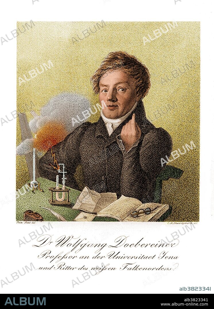 Johann Wolfgang Dobereiner (December 13, 1780 - March 24, 1849) was a German chemist. He had little formal schooling, was apprenticed to an apothecary, but attended science lectures and read whatever he could get his hands on. He eventually became a professor at the University of Jena in 1810. In 1829 he discovered trends in certain properties of selected groups of elements. The average atomic mass of lithium and potassium was close to the atomic mass of sodium. A similar pattern was found with calcium, strontium, and barium, with sulfur, selenium, and tellurium, and also with chlorine, bromine, and iodine. The densities for some of these triads followed a similar pattern. These sets of elements became known as "Dobereiner's Triads", one of the forerunners of Mendeleev's periodic table. He is also remembered for his work on the use of platinum as a catalyst, and for a lighter, known as Dobereiner's lamp in which zinc metal reacted with sulfuric acid to produce hydrogen gas. When the valve was opened, a jet of hydrogen was released and bursts into flame. The ignition was catalyzed by platinum metal. He died in 1849 at the age of 68.
