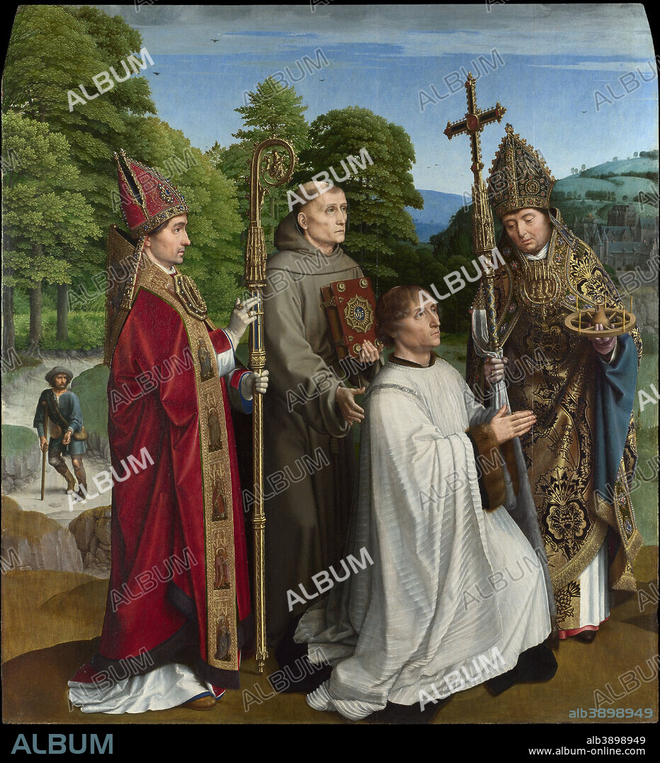 GERARD DAVID. Canon Bernardijn Salviati and Three Saints. Painting. Oil on panel. Height: 103.4 cm (40.7 in); Width: 94.3 cm (37.1 in).
