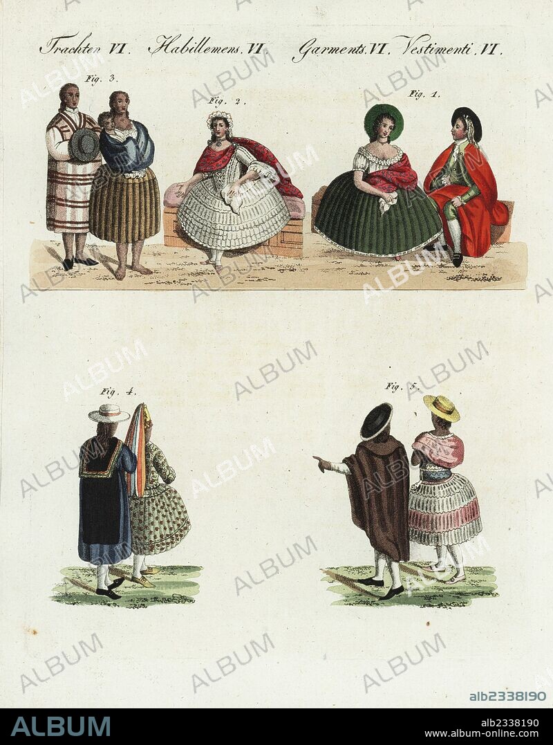 Costumes of Peru, 18th century: couple from Lima 1, noblewoman of Lima 2, indigenous people 3, indigenous people in their best clothes 4, and inhabitants of Quito 5. Handcoloured copperplate engraving from Bertuch's "Bilderbuch fur Kinder" (Picture Book for Children), Weimar, 1805. Friedrich Johann Bertuch (1747-1822) was a German publisher and man of arts most famous for his 12-volume encyclopedia for children illustrated with 1,200 engraved plates on natural history, science, costume, mythology, etc., published from 1790-1830.