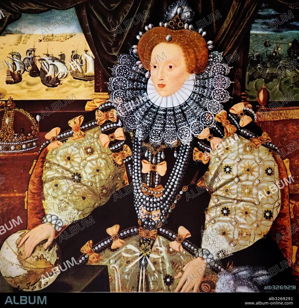 Painting titled 'Armada Portrait' depicting Queen Elizabeth I of England (1533-1603). Painted by George Gower (1540-1596) an English portrait painter. Dated 16th Century.