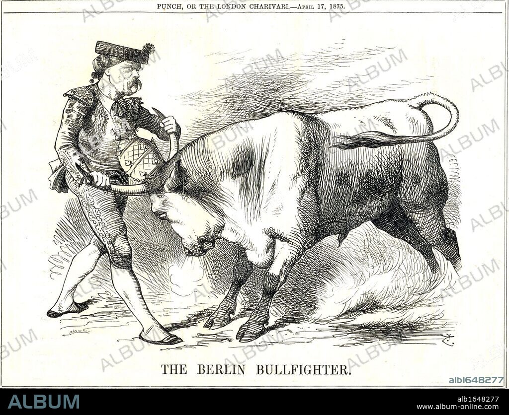 The Berlin Bullfighter' cartoon by John Teniel from "Punch", London, 17 April 1875, showing the German Chancellor, Otto von Bismarck subduing the Roman Catholic Church in the form of a bull wearing the Papl crown.