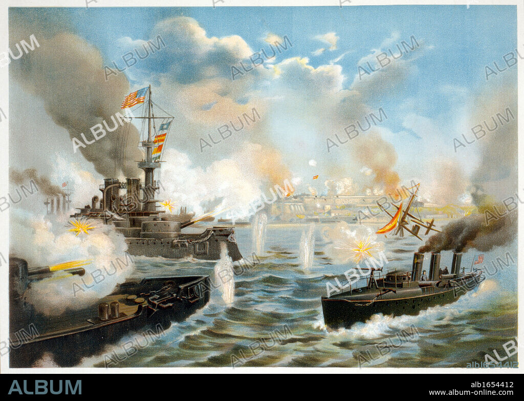 Spanish-American War 1898: US Navy warships in action. Centre left the first class cruiser armoured Brooklyn. A torpedo boat, front right. Print c1898.