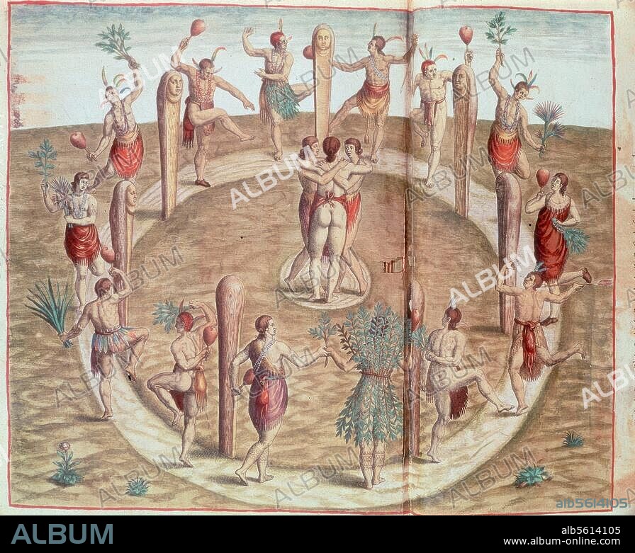 THEODOR DE BRY. Bry, Theodor de. 1528-1598. "How they dance at important celebrations". (Indians in Virginia). Copperplate engraving. Illustration to: Thomas Harriot, Admiranda narratio (..) Virginiae, 1585-88. 1st book of de Bry's travel writings. Paris, Musée de la Marine.