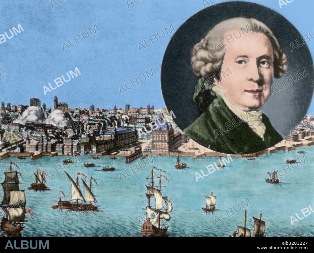 JUAN V (1689-1750). Rey de Portugal (1706-1750). Grabado del siglo XVIII con la ciudad de LISBOA y retrato de Juan V. Coloreado.