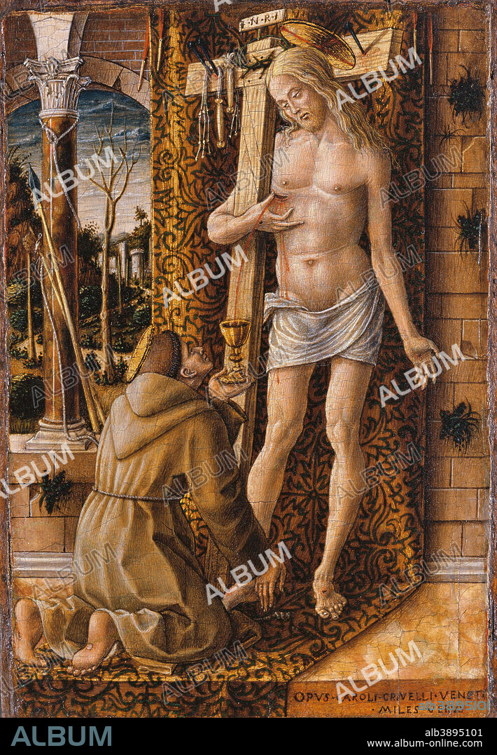 CARLO CRIVELLI. Saint Francis Collecting the Blood of Christ. Date/Period: 1490 - 1500. Panel. Height: 20 mm (0.78 in); Width: 16.30 mm (0.64 in).