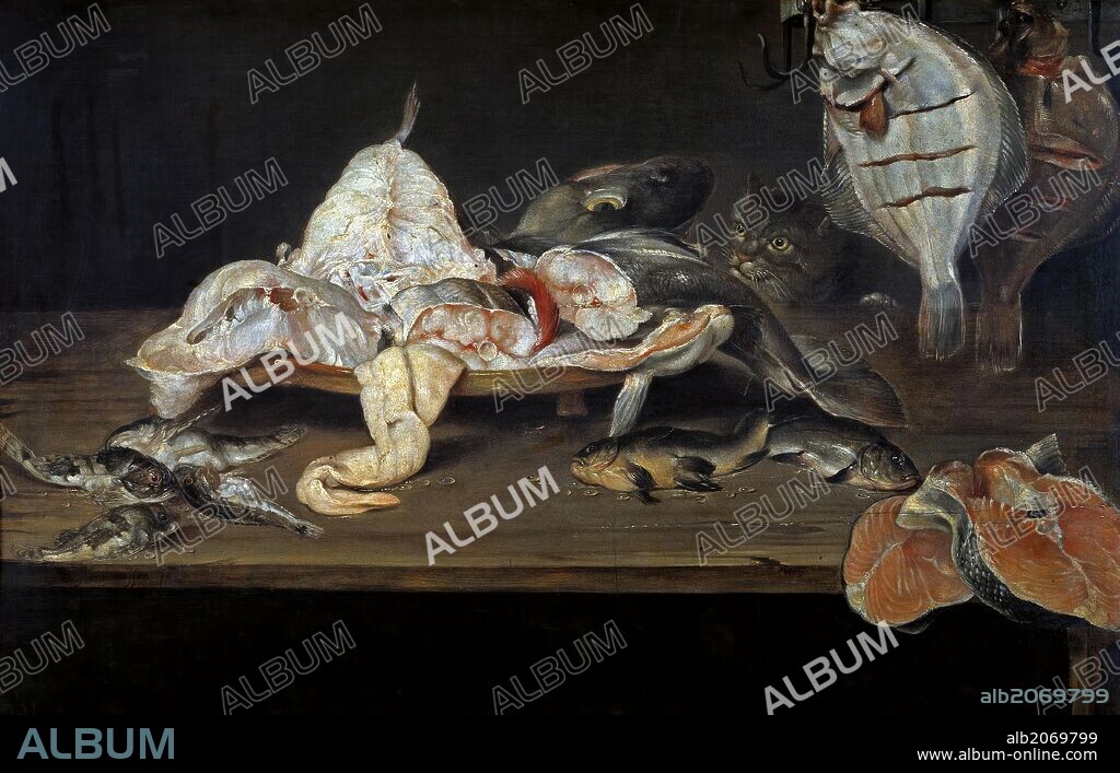 ALEXANDER VAN ADRIAENSSEN. Alexander Adriaenssen / 'Bodegón: pescados y un gato tras la mesa', First half 17th century, Flemish School, Oil on panel, 59 cm x 91 cm, P01344.