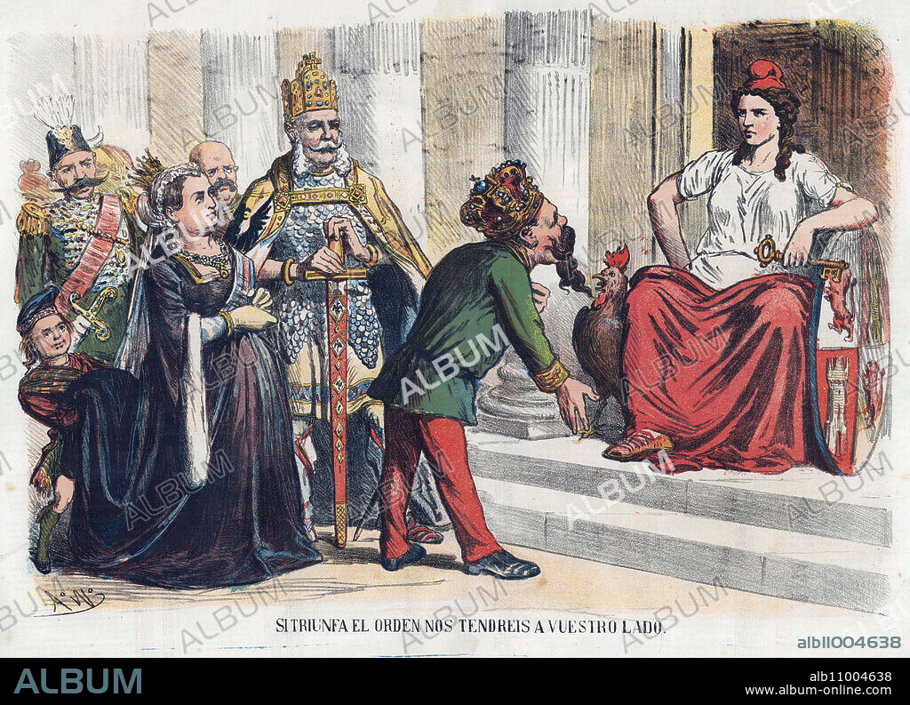 España. Dibujo satírico alusivo a la política española protagonizado por Emilio Castelar, presidente de la república. Interior de la revista La madeja política, editado en Barcelona, enero de 1874.