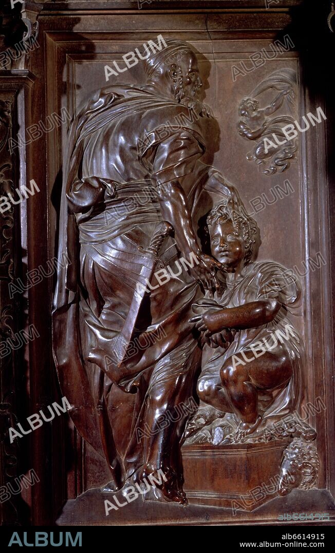 ALONSO BERRUGUETE (1488-1561). ABRAHAM - SACRIFICIO DE ISAAC - DETALLE DEL CORO ALTO DE LA CATEDRAL DE TOLEDO - SIGLO XVI - RENACIMIENTO ESPAÑOL.