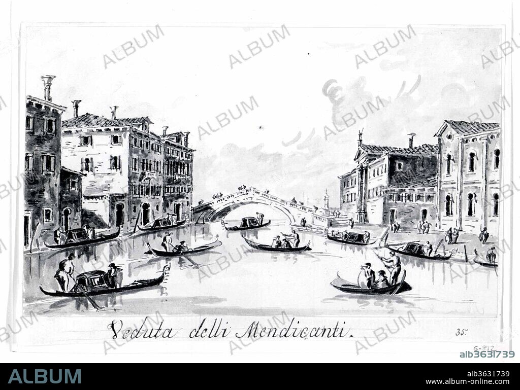 The Rio dei Mendicanti. Artist: Giacomo Guardi (Italian, Venice (?) 1764-1835 Venice (?)). Dimensions: 4 13/16 x 8 1/4 in.  (12.3 x 20.9 cm). Date: ca. 1804-25.