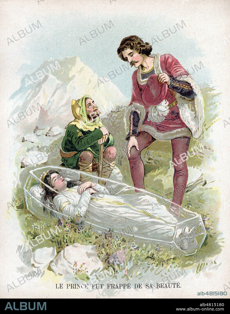 Le Prince fut frappe de la beaute de Blanche-Neige dans son cercueil de verre. Illustration anonyme vers 1920 pour le conte de fee Blanche Neige. Credit : Collection Jonas/Kharbine-Tapabor.