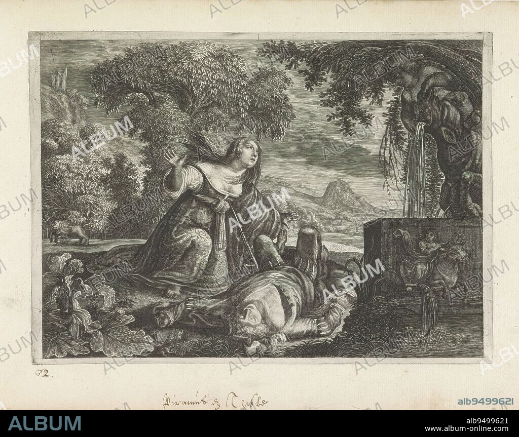Pyramus and Thisbe, Metamorphoses by Ovid (series title), Pyramus lies dying on the ground before a fountain. His beloved Thisbe sits with him and desperately raises her arms. In grief, she throws herself into his sword. In the background, the lioness walks with Thisbe's veil in her mouth., print maker: Magdalena van de Passe, publisher: Crispijn van de Passe (II), (attributed to), c. 1636 - 1670, paper, engraving, height 167 mm × width 232 mm.