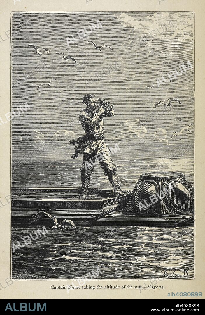 JULES VERNE. "Captain Nemo taking the altitude of the sun". Standing on the deck of the submarine, 'Nautilus'. Twenty thousand Leagues under the Seas. Translated from the French With illustrations. Third edition. [Vingt Mille Lieues sous les Mers]. London : Sampson Low & Co., 1873. Source: 12516.g.21 opposite page 73. Language: English.