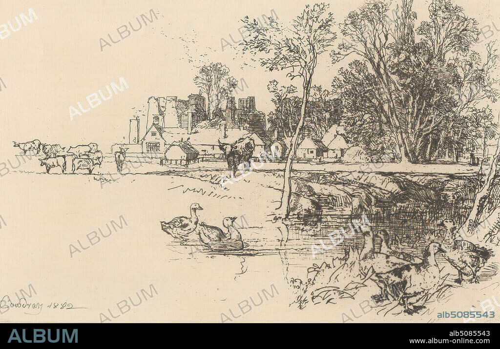 Cowdray, Francis Seymour Haden, 18181910, British, 1882, Etching and drypoint on thick, slightly textured, cream wove paper, Sheet: 9 3/16 x 12 3/16 inches (23.3 x 31 cm), Plate: 9 3/16 x 12 3/16 inches (23.3 x 31 cm), and Image: 5 15/16 x 9 3/16 inches (15.1 x 23.3 cm), animal art, architectural subject, banks, birds, buildings, castle, cattle, cows, ducks, farm, field, geese, houses, landscape, mansion, pasture, river, stream, trees, Cowdray House, England, Europe, Midhurst, United Kingdom, West Sussex.