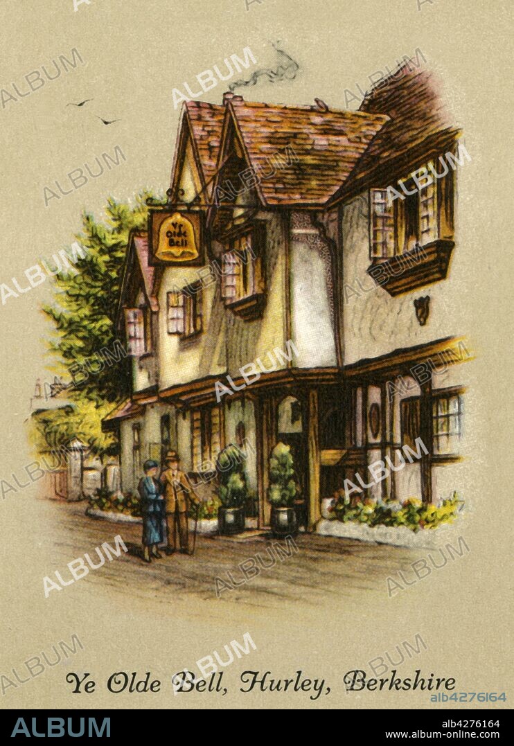 'Ye Olde Bell, Hurley, Berkshire', 1936. The Olde Bell Inn claimed to be the oldest still-working inn in Britain, with parts dating to 1135, Grade II listed and known for association with Winston Churchill and Dwight D. Eisenhower during World War II. From "Old Inns - A Series of 40", 1936. [W. D. & H. O. Wills, 1936].