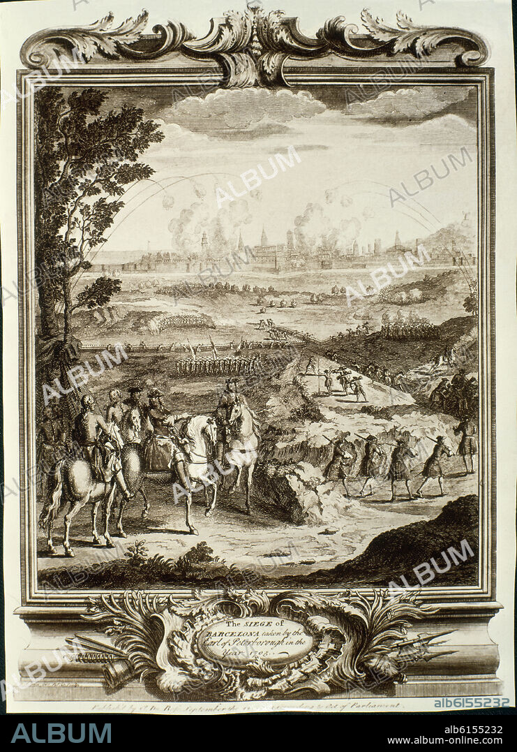 SITIO DE BARCELONA POR EL CONDE DE PETERBOROUGH EN 1705 -GUERRA DE SUCESION ESPAÑOLA - GRABADO SIGLO XVIII.