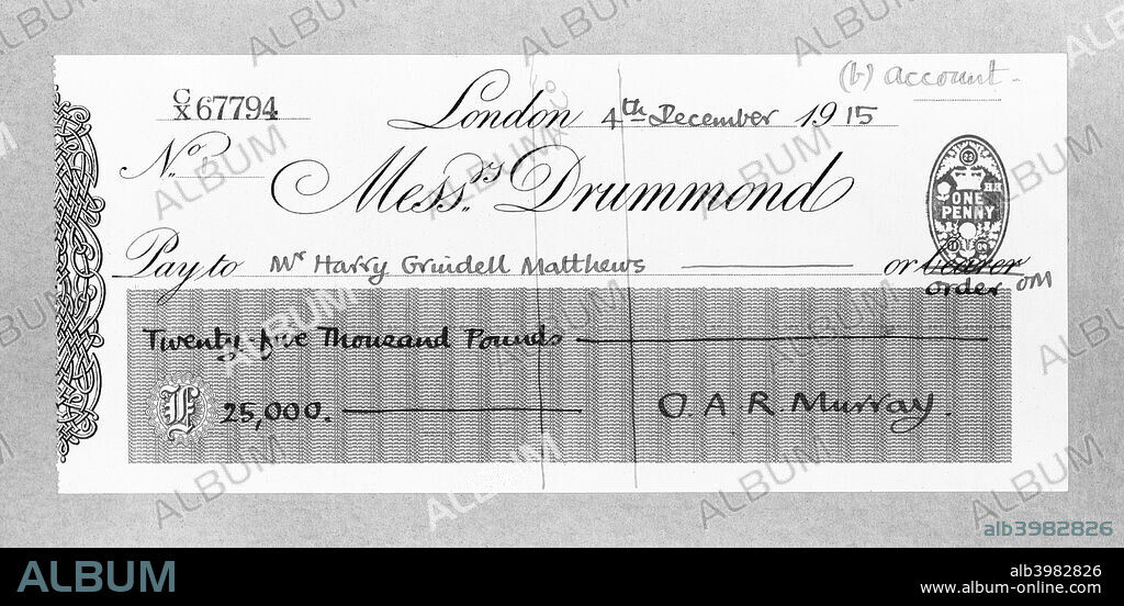 Cheque for £25,000 made payable to Mr Harry Grindell Matthews, December 1915. Matthews (1880-1941) was an inventor, best known for his claim to have invented a death ray in the 1920s. This cheque was awarded by the British government, following the outbreak of the First World War, for his invention of a remotely controlled weapon against Zeppelins or unmanned vehicles.
